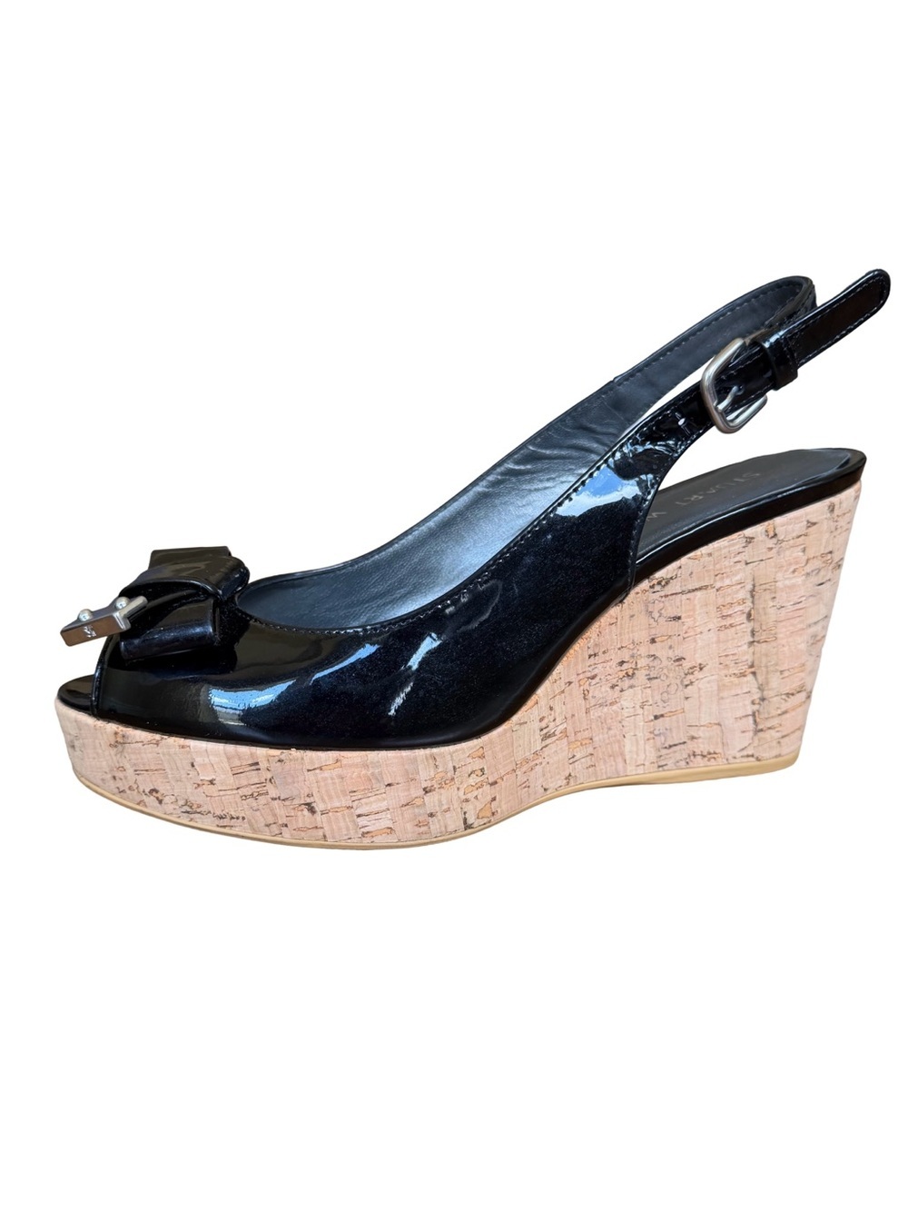 Stuart Weitzman Bodajean Patent Leather Cork Wedge Slingback Sandals 7.5